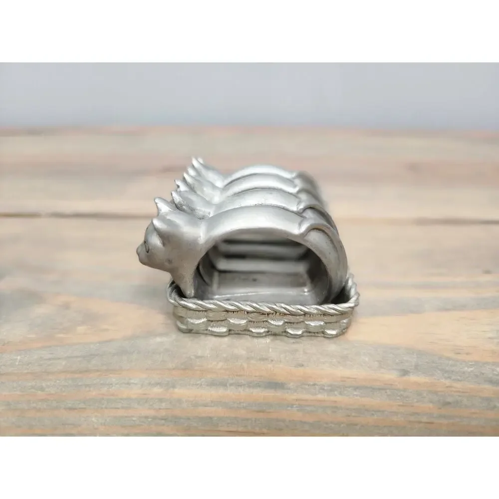 Vtg 80s Kitty Cats in Basket Pewter Napkin Rings Set of 4 Seagull Canada